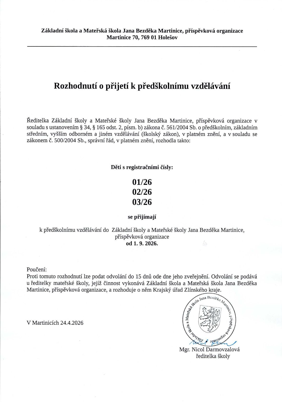 oznameni o prijeti zaka